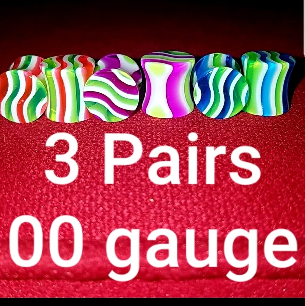 3 Pairs 00g Plugs Watermelon Pink Purple Blue